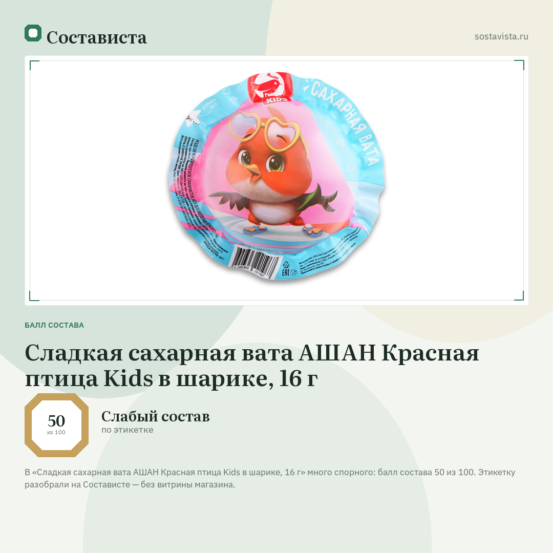 Сладкая сахарная вата АШАН Красная птица Kids в шарике, 16 г: балл состава 50 из 100 — Состависта