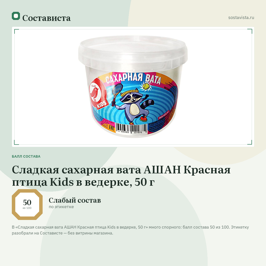 Сладкая сахарная вата АШАН Красная птица Kids в ведерке, 50 г: балл состава 50 из 100 — Состависта