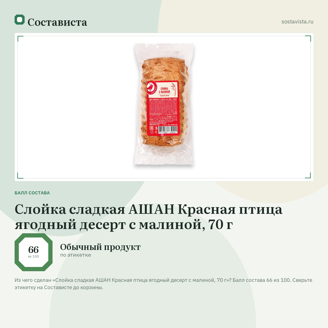 Слойка сладкая АШАН Красная птица ягодный десерт с малиной, 70 г: балл состава 66 из 100 — Состависта
