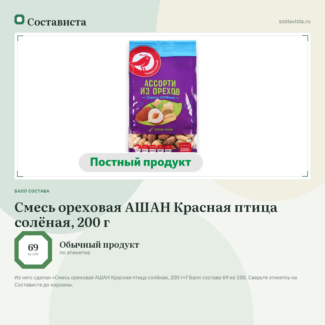 Смесь ореховая АШАН Красная птица солёная, 200 г: балл состава 69 из 100 — Состависта