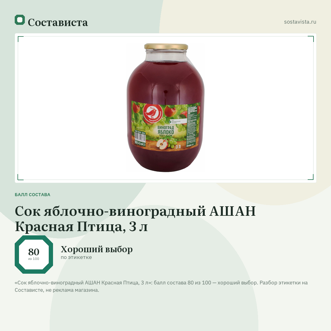 Сок яблочно-виноградный АШАН Красная Птица, 3 л: балл состава 80 из 100 — Состависта
