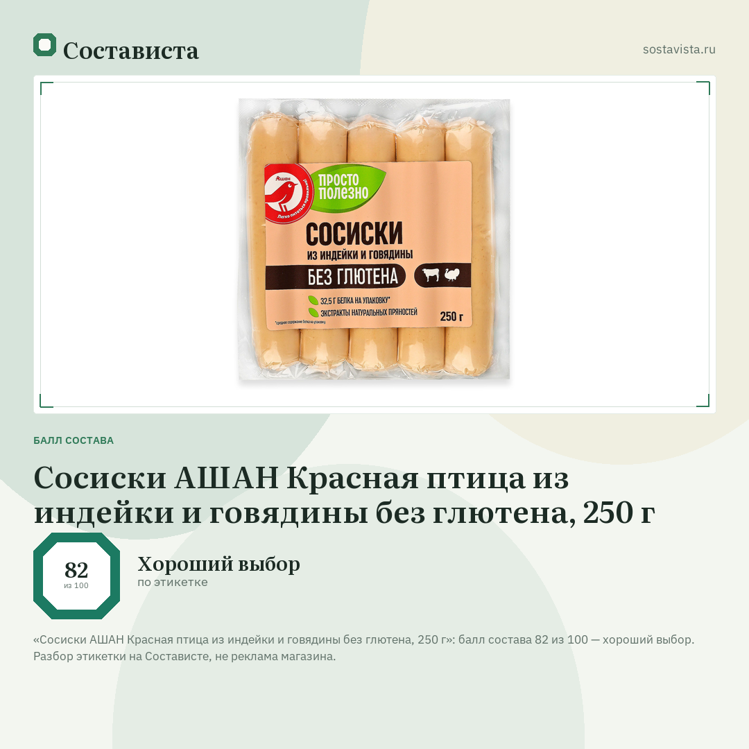 Сосиски АШАН Красная птица из индейки и говядины без глютена, 250 г: балл состава 82 из 100 — Состависта