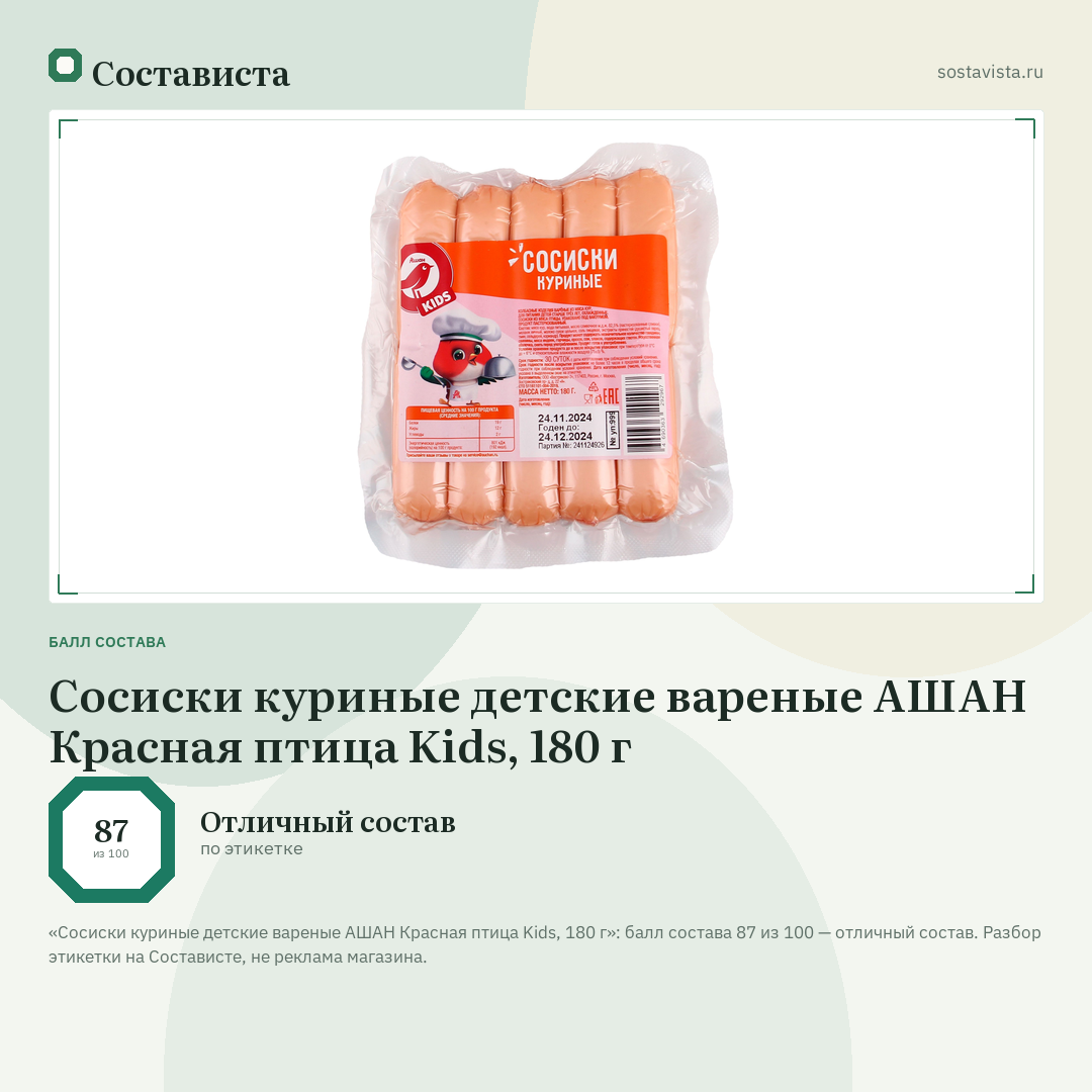 Сосиски куриные детские вареные АШАН Красная птица Kids, 180 г: балл состава 87 из 100 — Состависта