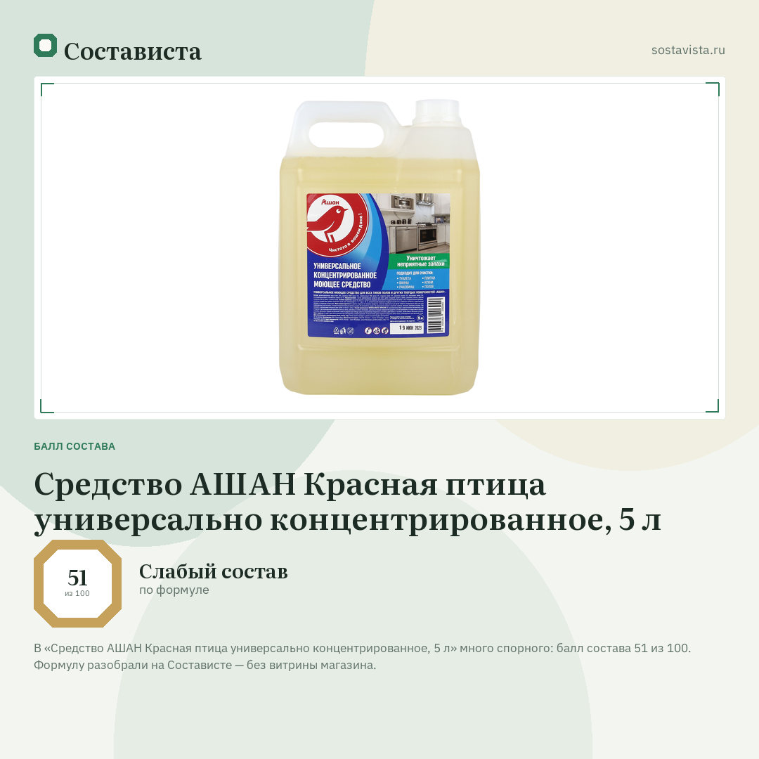 Средство АШАН Красная птица универсально концентрированное, 5 л: балл состава 51 из 100 — Состависта