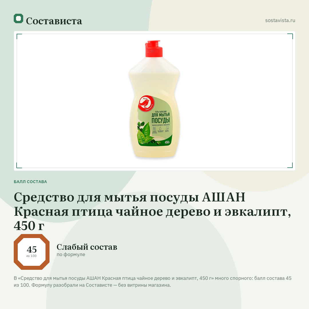 Средство для мытья посуды АШАН Красная птица чайное дерево и эвкалипт, 450 г: балл состава 45 из 100 — Состависта