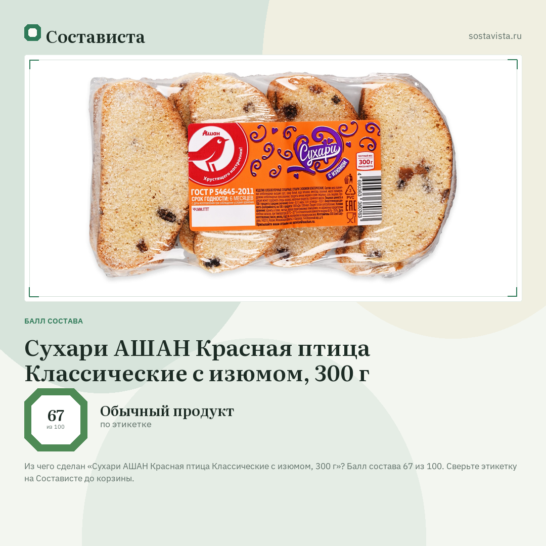 Сухари АШАН Красная птица Классические с изюмом, 300 г: балл состава 67 из 100 — Состависта