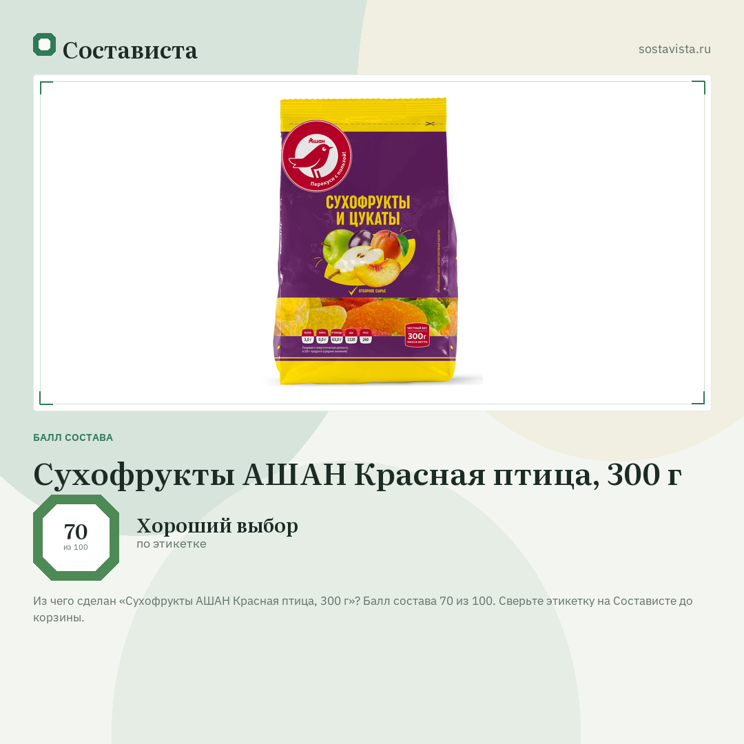 Сухофрукты АШАН Красная птица, 300 г: балл состава 70 из 100 — Состависта