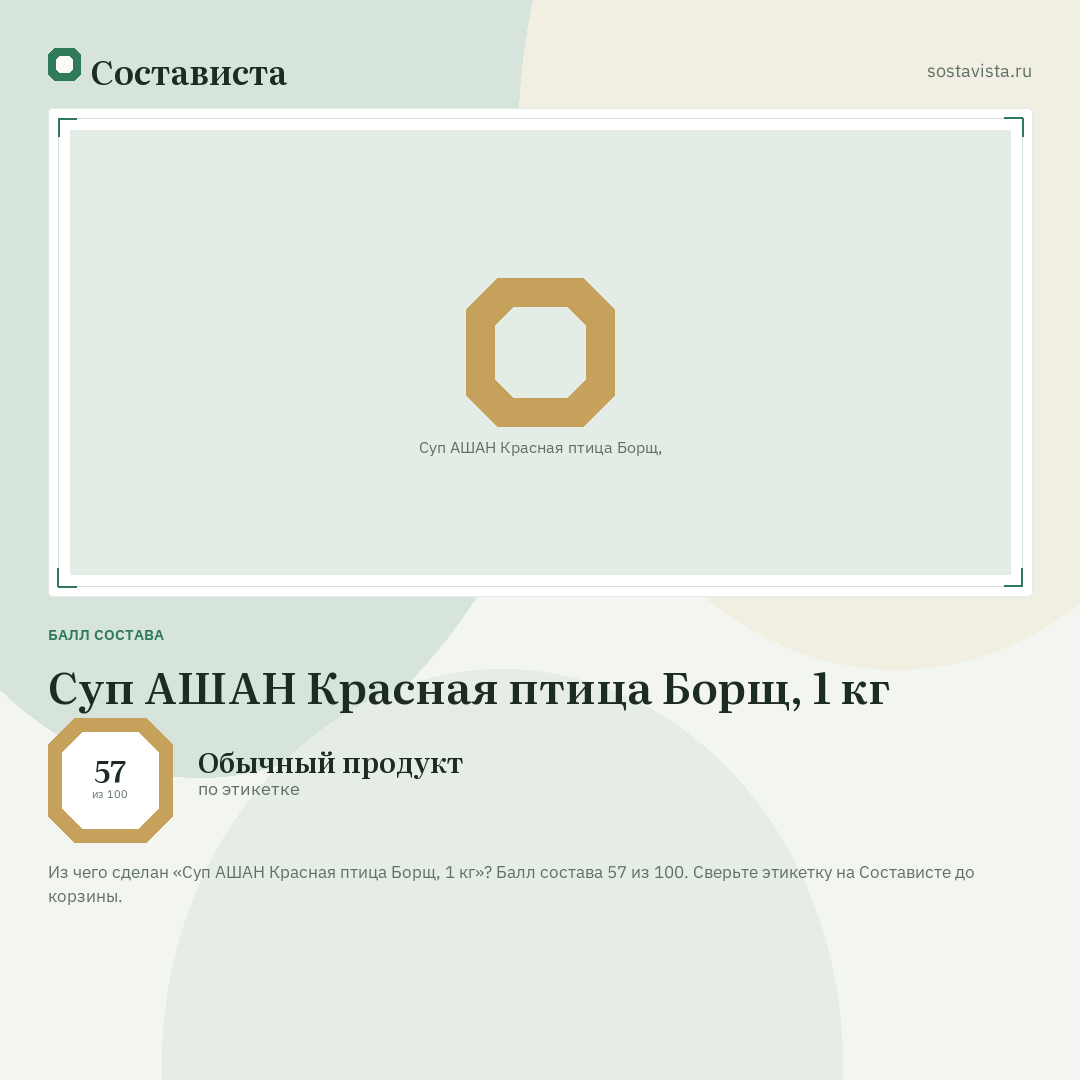 Суп АШАН Красная птица Борщ, 1 кг: балл состава 57 из 100 — Состависта