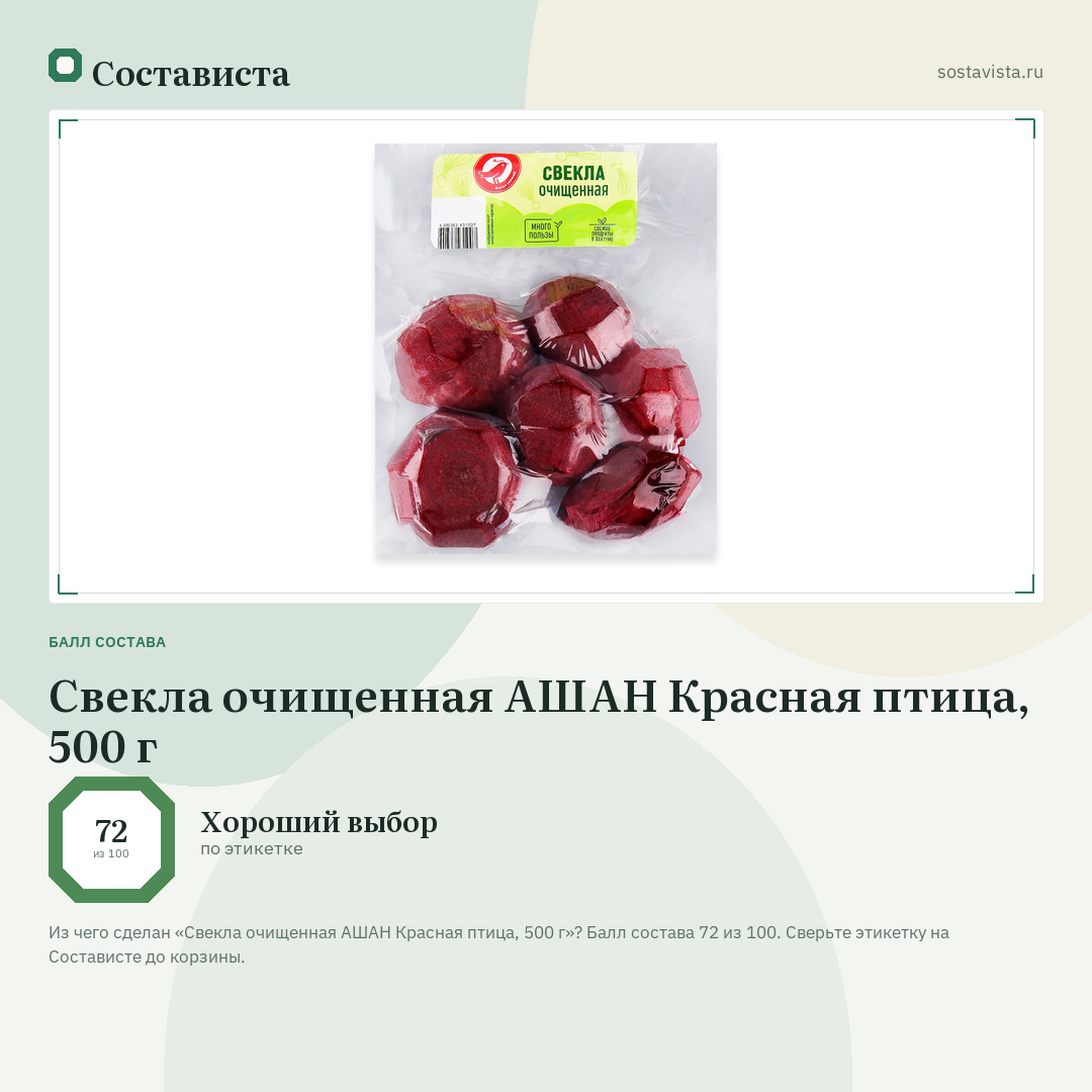 Свекла очищенная АШАН Красная птица, 500 г: балл состава 72 из 100 — Состависта