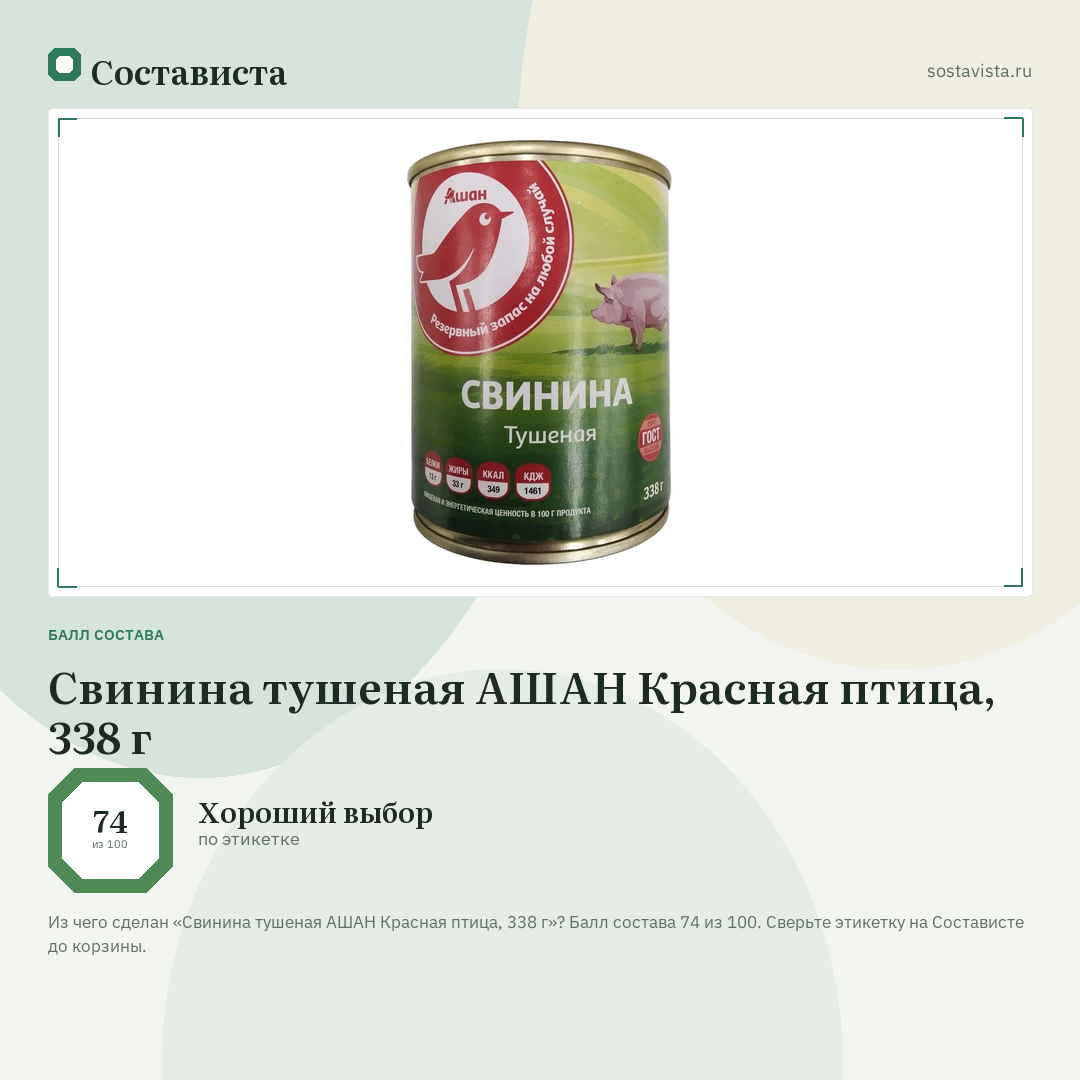 Свинина тушеная АШАН Красная птица, 338 г: балл состава 74 из 100 — Состависта