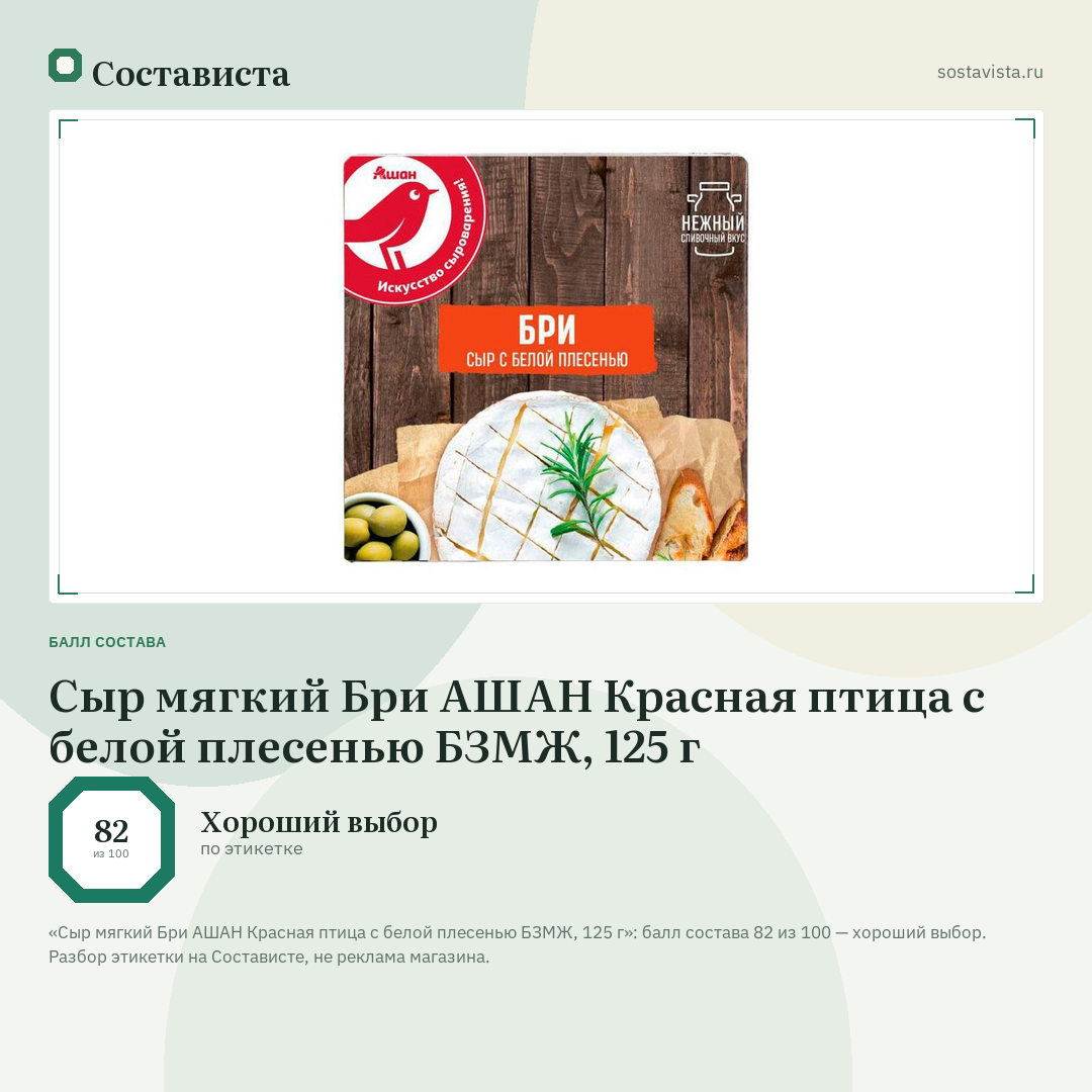 Сыр мягкий Бри АШАН Красная птица с белой плесенью БЗМЖ, 125 г: балл состава 82 из 100 — Состависта