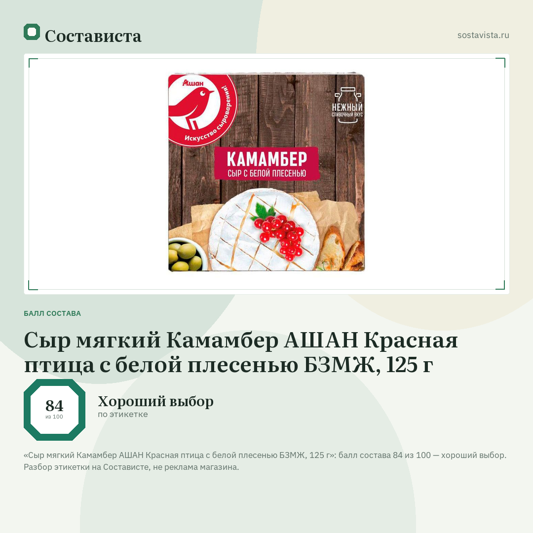 Сыр мягкий Камамбер АШАН Красная птица с белой плесенью БЗМЖ, 125 г: балл состава 84 из 100 — Состависта