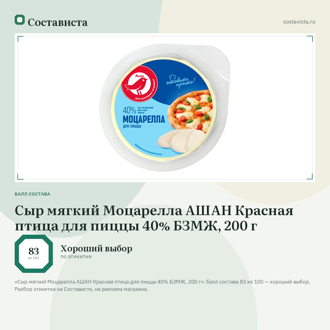 Сыр мягкий Моцарелла АШАН Красная птица для пиццы 40% БЗМЖ, 200 г: балл состава 83 из 100 — Состависта