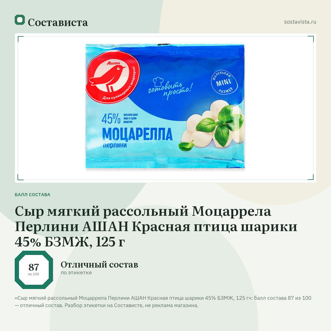 Сыр мягкий рассольный Моцаррела Перлини АШАН Красная птица шарики 45% БЗМЖ, 125 г: балл состава 87 из 100 — Состависта