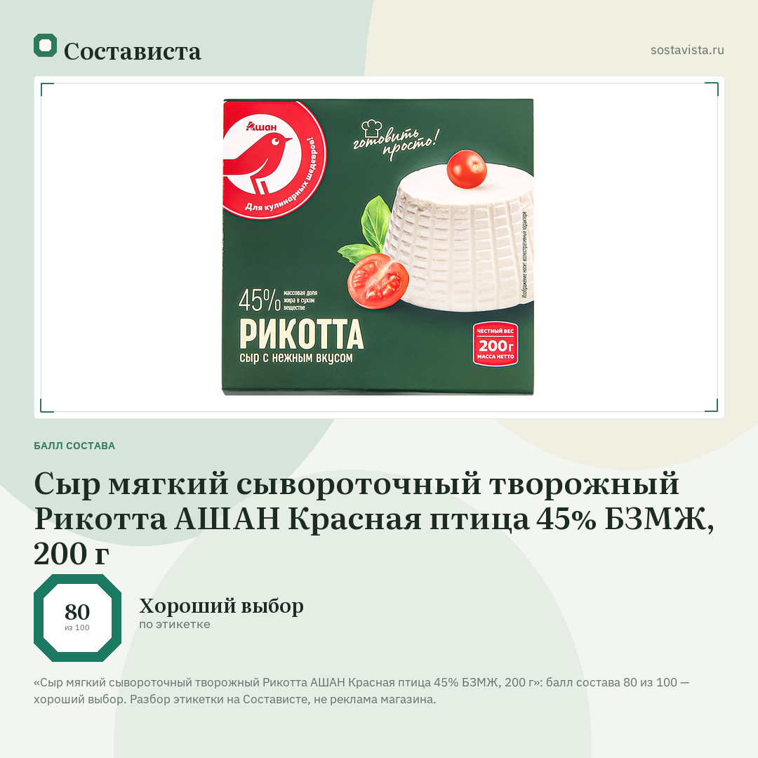 Сыр мягкий сывороточный творожный Рикотта АШАН Красная птица 45% БЗМЖ, 200 г: балл состава 80 из 100 — Состависта