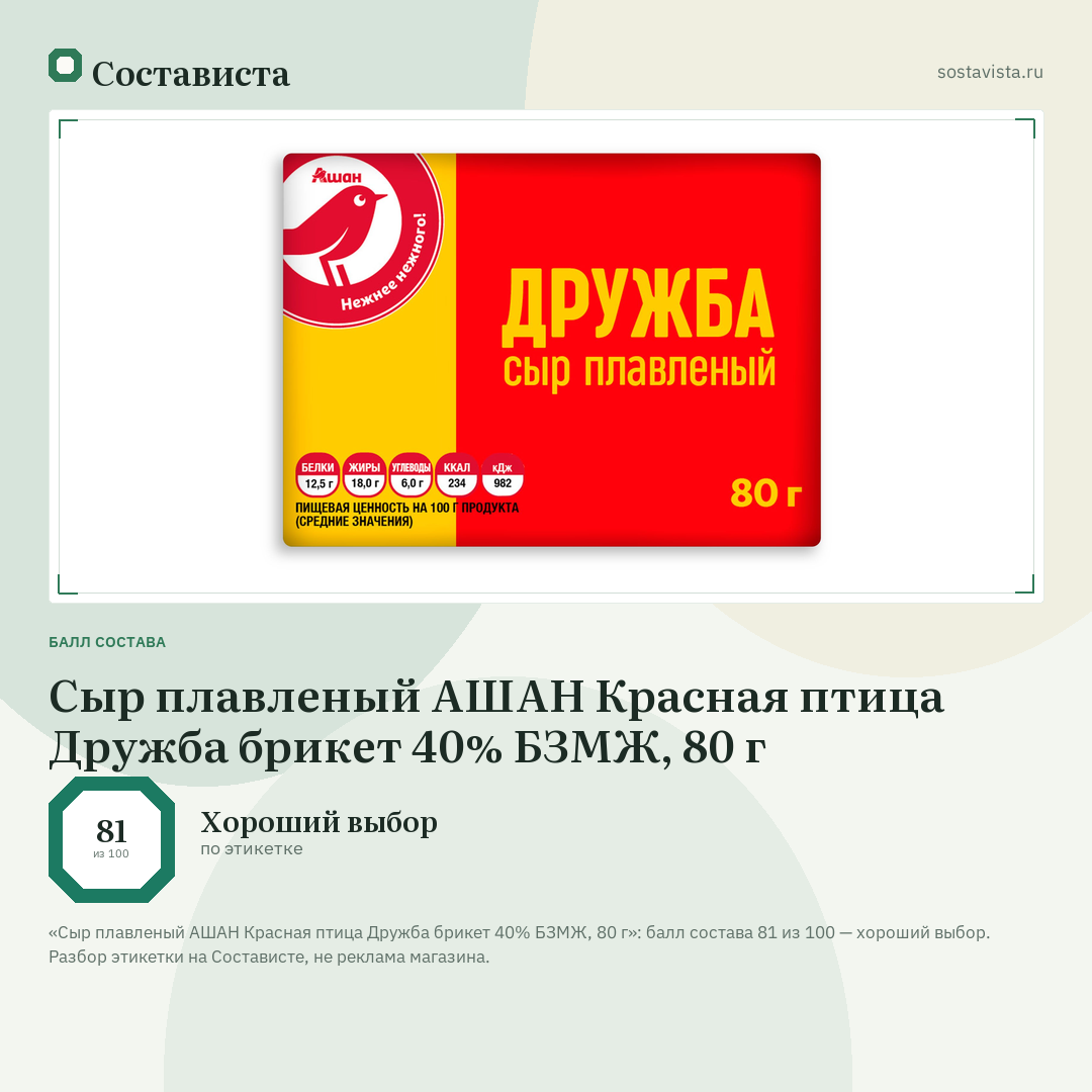 Сыр плавленый АШАН Красная птица Дружба брикет 40% БЗМЖ, 80 г: балл состава 81 из 100 — Состависта