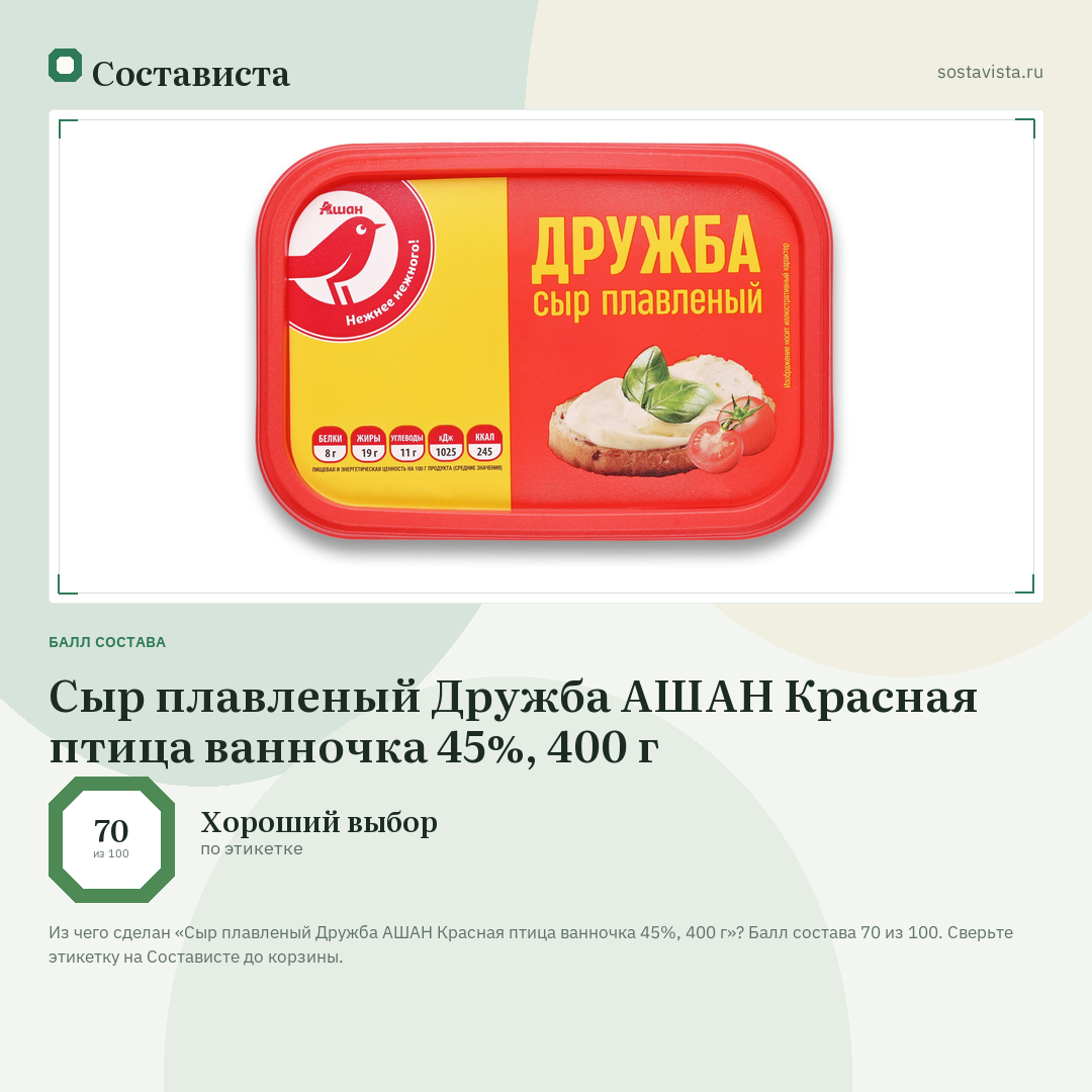 Сыр плавленый Дружба АШАН Красная птица ванночка 45%, 400 г: балл состава 70 из 100 — Состависта