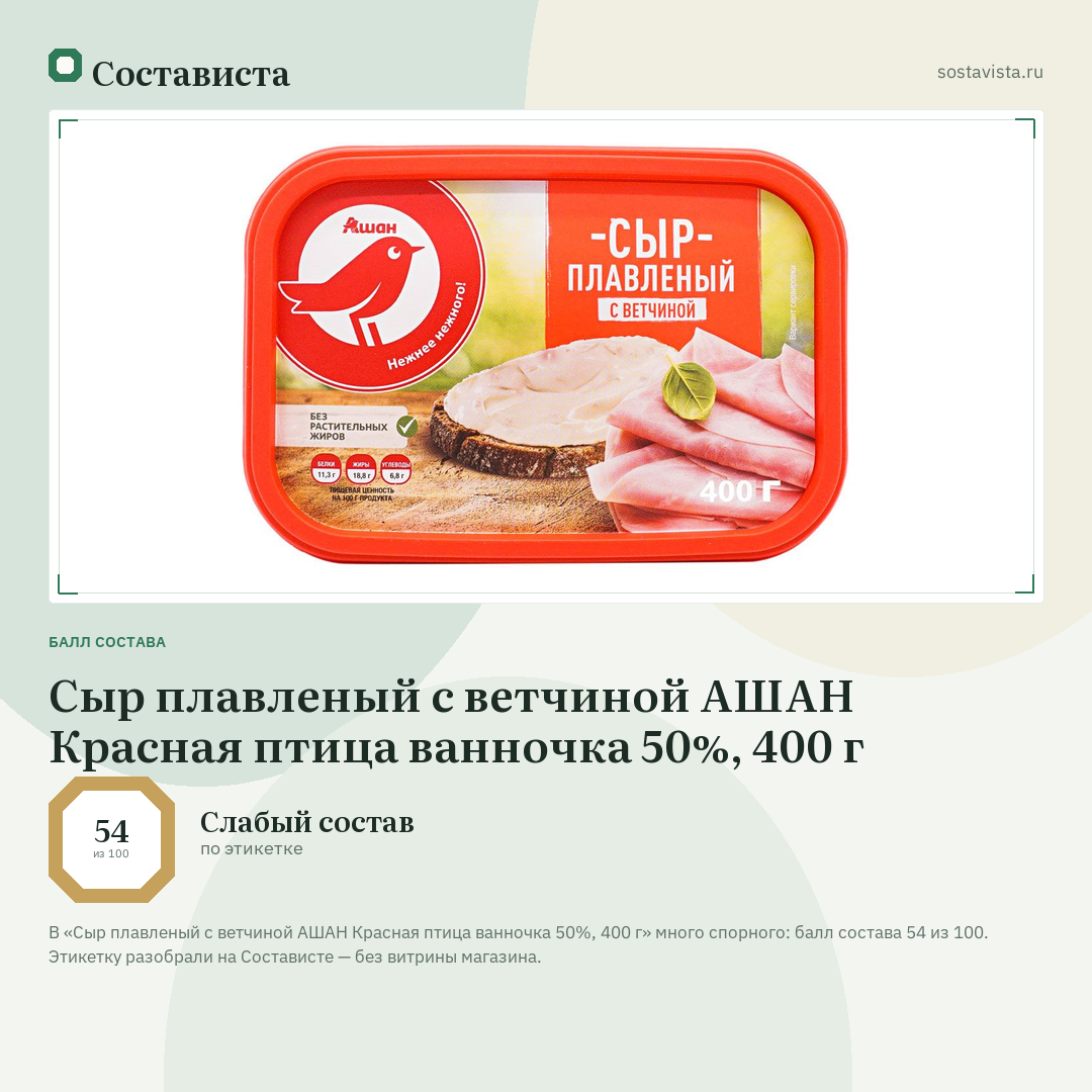 Сыр плавленый с ветчиной АШАН Красная птица ванночка 50%, 400 г: балл состава 54 из 100 — Состависта