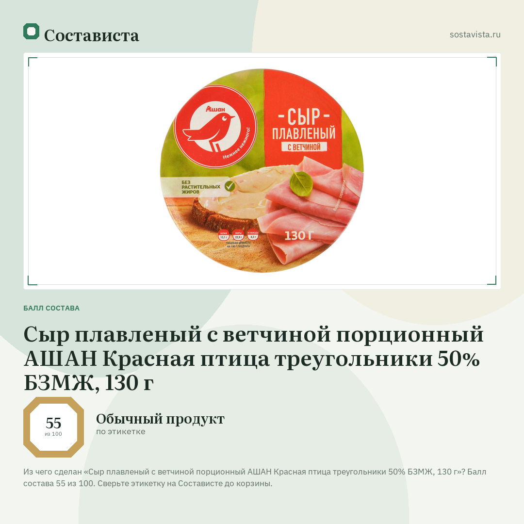 Сыр плавленый с ветчиной порционный АШАН Красная птица треугольники 50% БЗМЖ, 130 г: балл состава 55 из 100 — Состависта