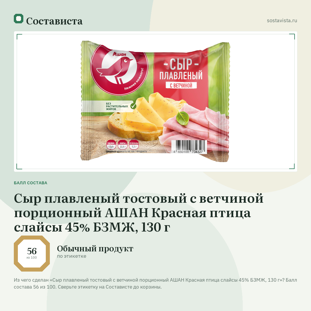 Сыр плавленый тостовый с ветчиной порционный АШАН Красная птица слайсы 45% БЗМЖ, 130 г: балл состава 56 из 100 — Состависта