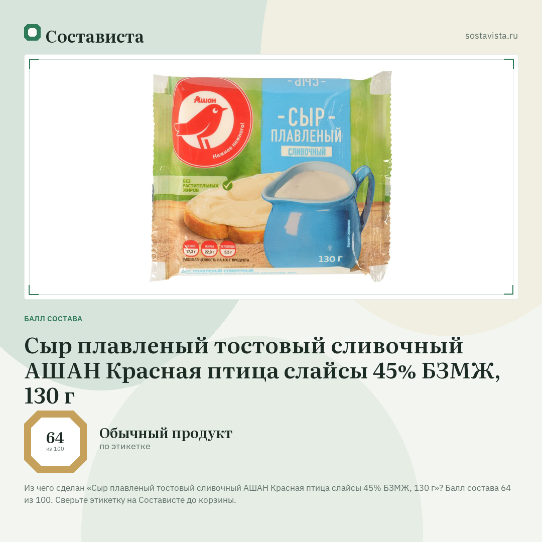 Сыр плавленый тостовый сливочный АШАН Красная птица слайсы 45% БЗМЖ, 130 г: балл состава 64 из 100 — Состависта