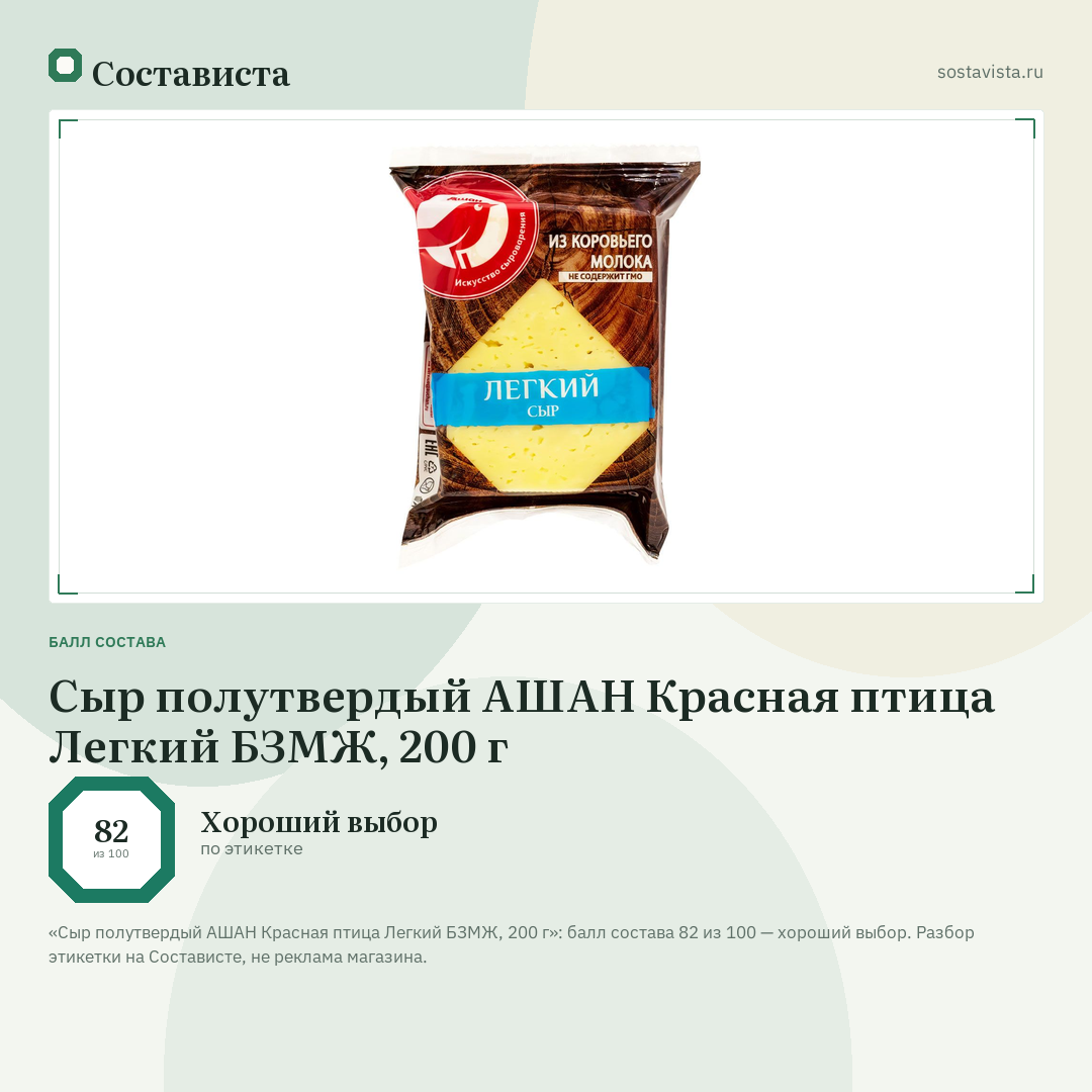 Сыр полутвердый АШАН Красная птица Легкий БЗМЖ, 200 г: балл состава 82 из 100 — Состависта
