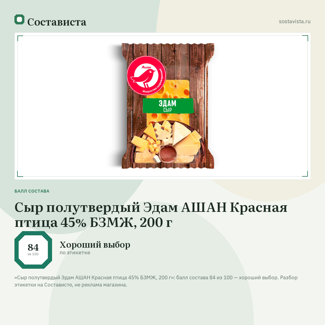 Сыр полутвердый Эдам АШАН Красная птица 45% БЗМЖ, 200 г: балл состава 84 из 100 — Состависта