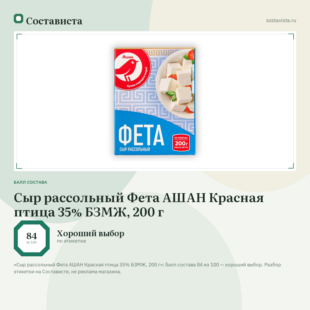 Сыр рассольный Фета АШАН Красная птица 35% БЗМЖ, 200 г: балл состава 84 из 100 — Состависта