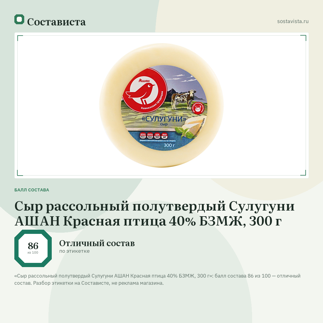 Сыр рассольный полутвердый Сулугуни АШАН Красная птица 40% БЗМЖ, 300 г: балл состава 86 из 100 — Состависта