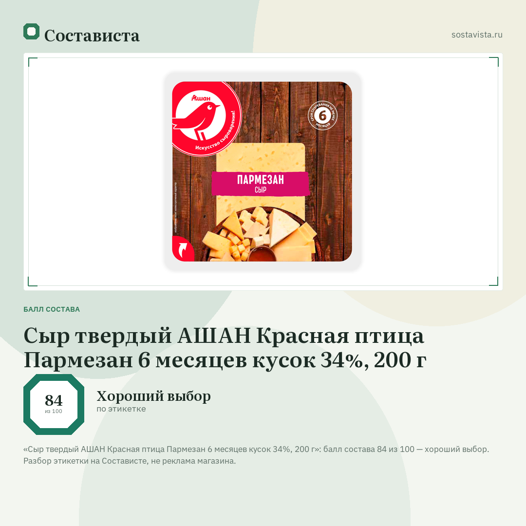 Сыр твердый АШАН Красная птица Пармезан 6 месяцев кусок 34%, 200 г: балл состава 84 из 100 — Состависта