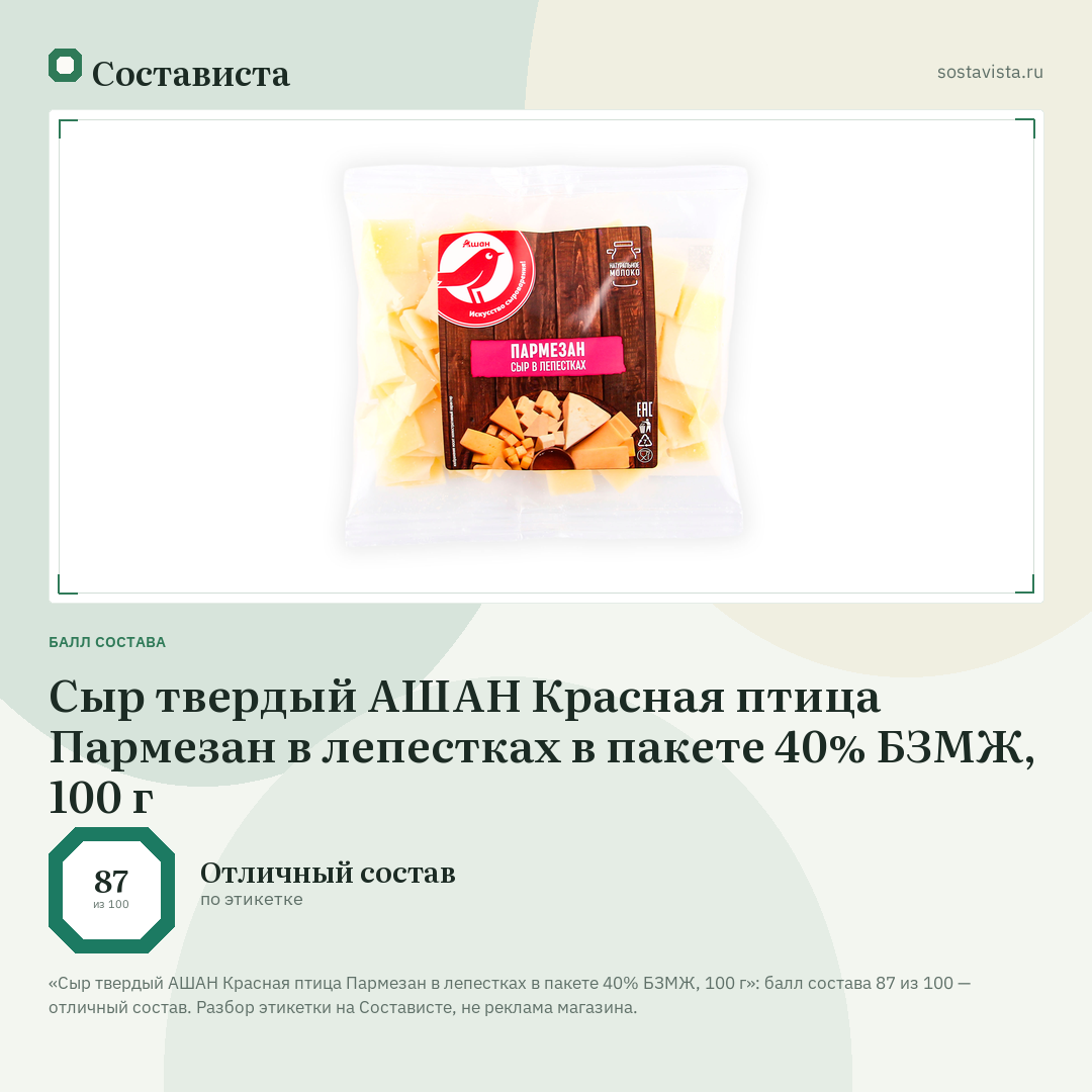 Сыр твердый АШАН Красная птица Пармезан в лепестках в пакете 40% БЗМЖ, 100 г: балл состава 87 из 100 — Состависта