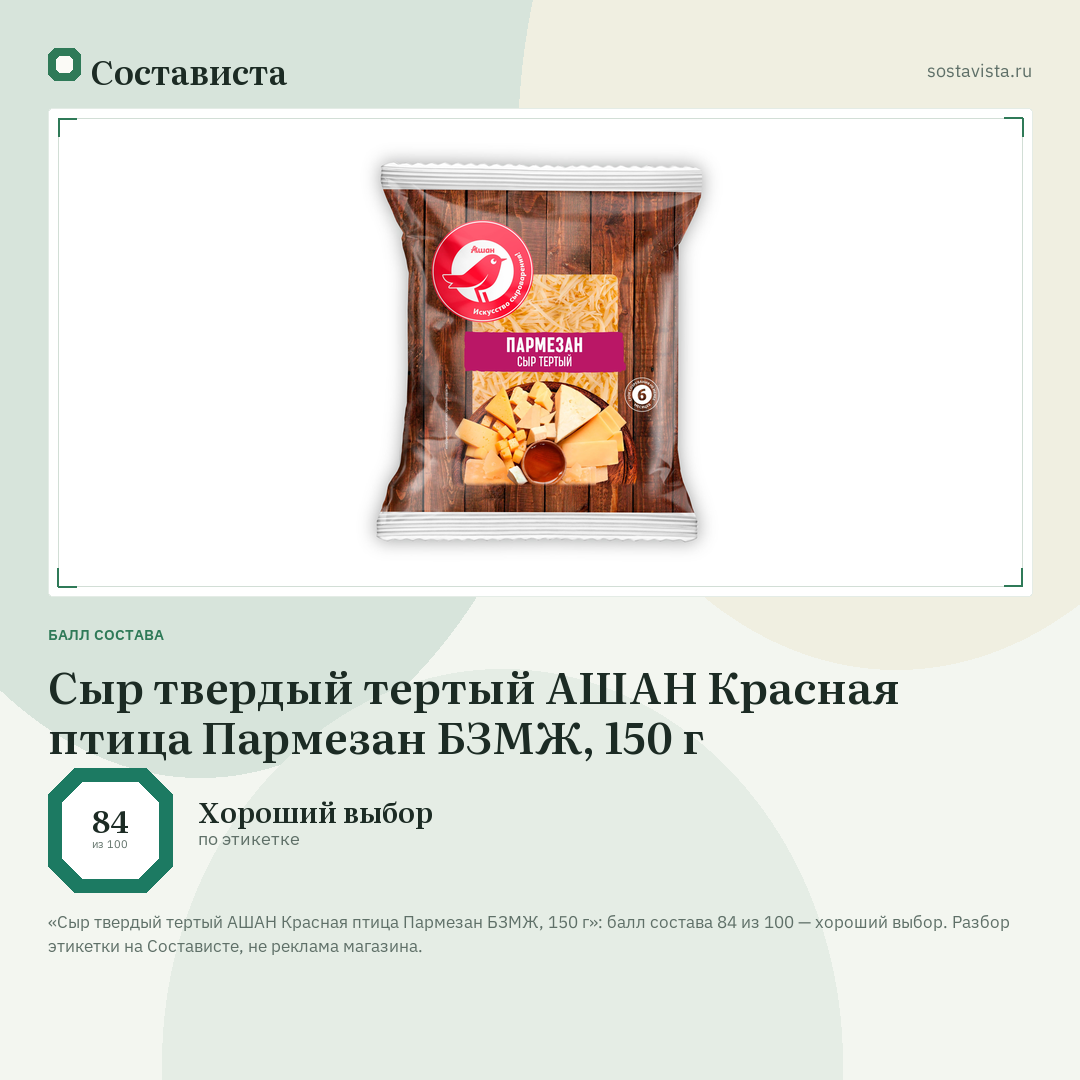 Сыр твердый тертый АШАН Красная птица Пармезан БЗМЖ, 150 г: балл состава 84 из 100 — Состависта
