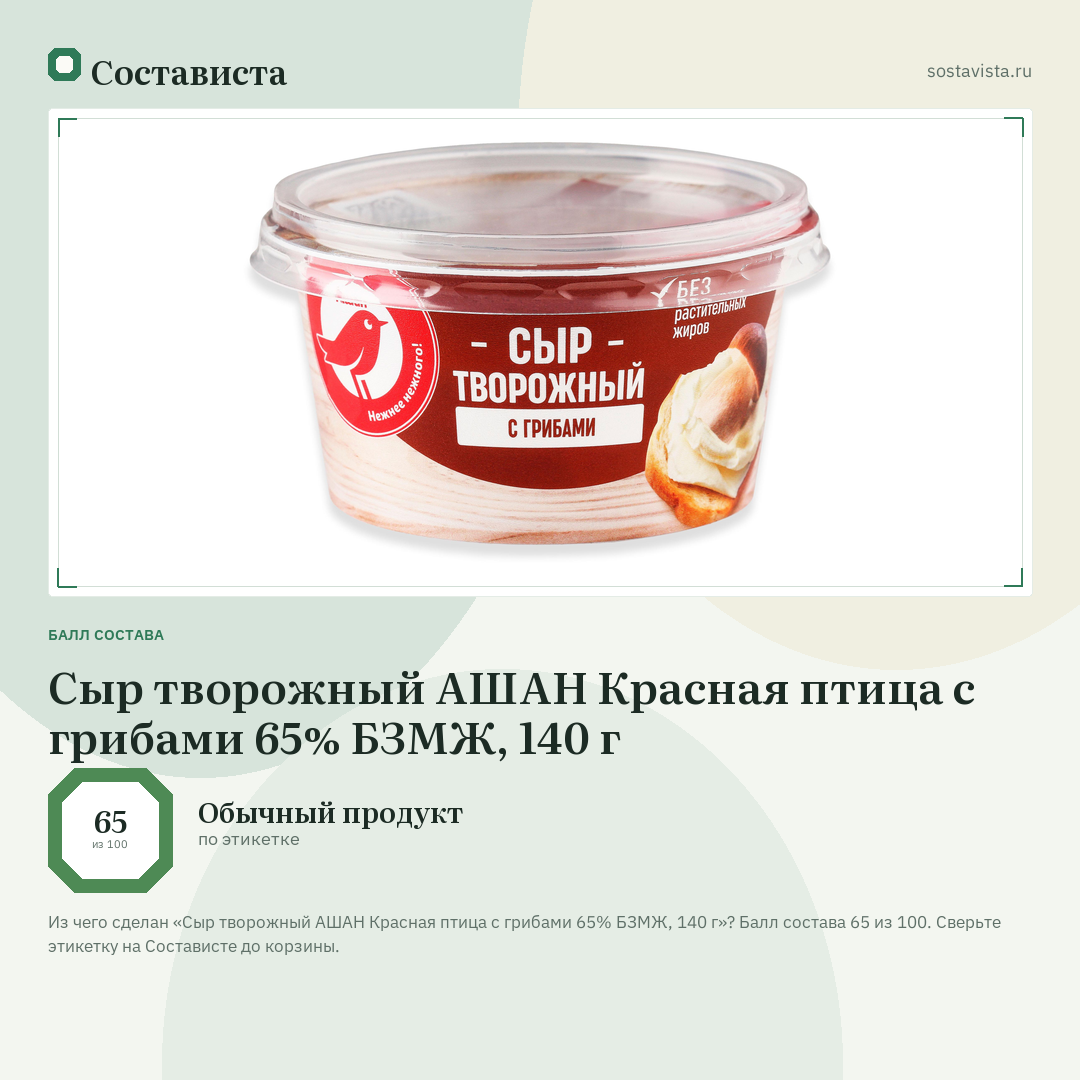 Сыр творожный АШАН Красная птица с грибами 65% БЗМЖ, 140 г: балл состава 65 из 100 — Состависта
