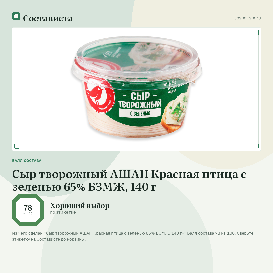 Сыр творожный АШАН Красная птица с зеленью 65% БЗМЖ, 140 г: балл состава 78 из 100 — Состависта