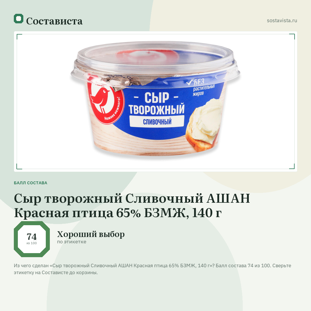 Сыр творожный Сливочный АШАН Красная птица 65% БЗМЖ, 140 г: балл состава 74 из 100 — Состависта