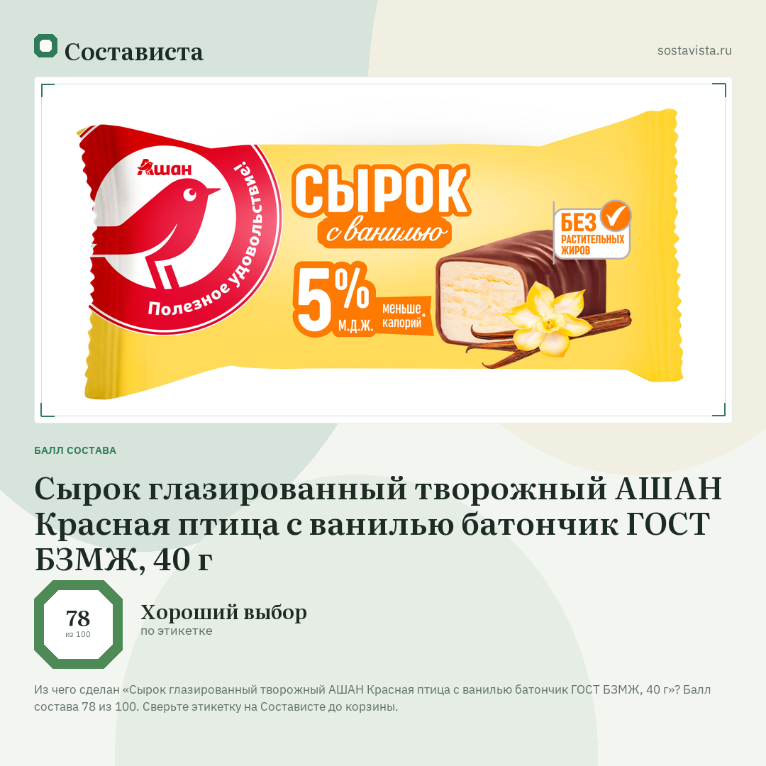 Сырок глазированный творожный АШАН Красная птица с ванилью батончик ГОСТ БЗМЖ, 40 г: балл состава 78 из 100 — Состависта