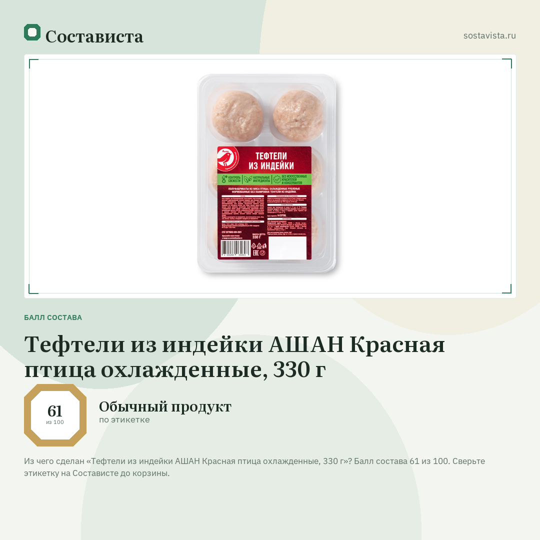 Тефтели из индейки АШАН Красная птица охлажденные, 330 г: балл состава 61 из 100 — Состависта