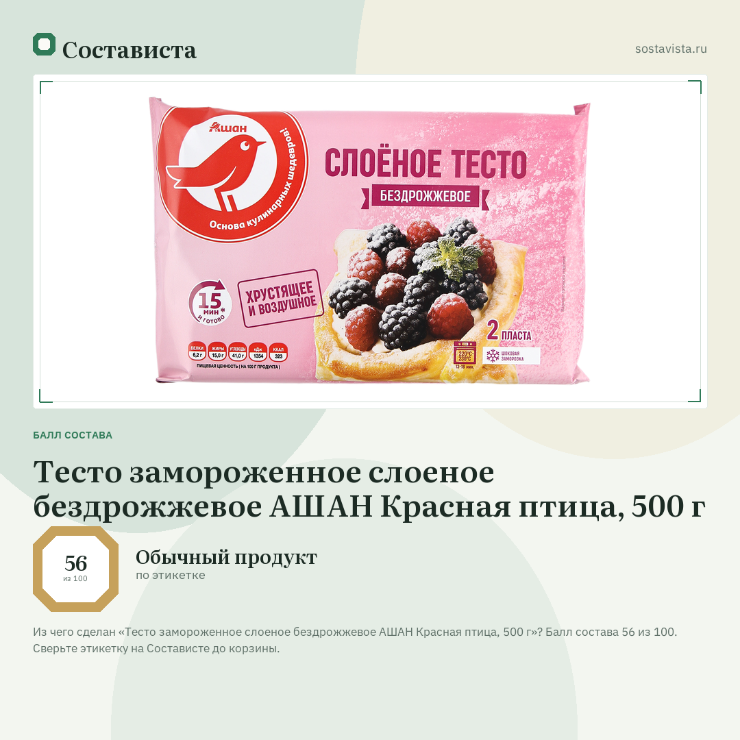 Тесто замороженное слоеное бездрожжевое АШАН Красная птица, 500 г: балл состава 56 из 100 — Состависта