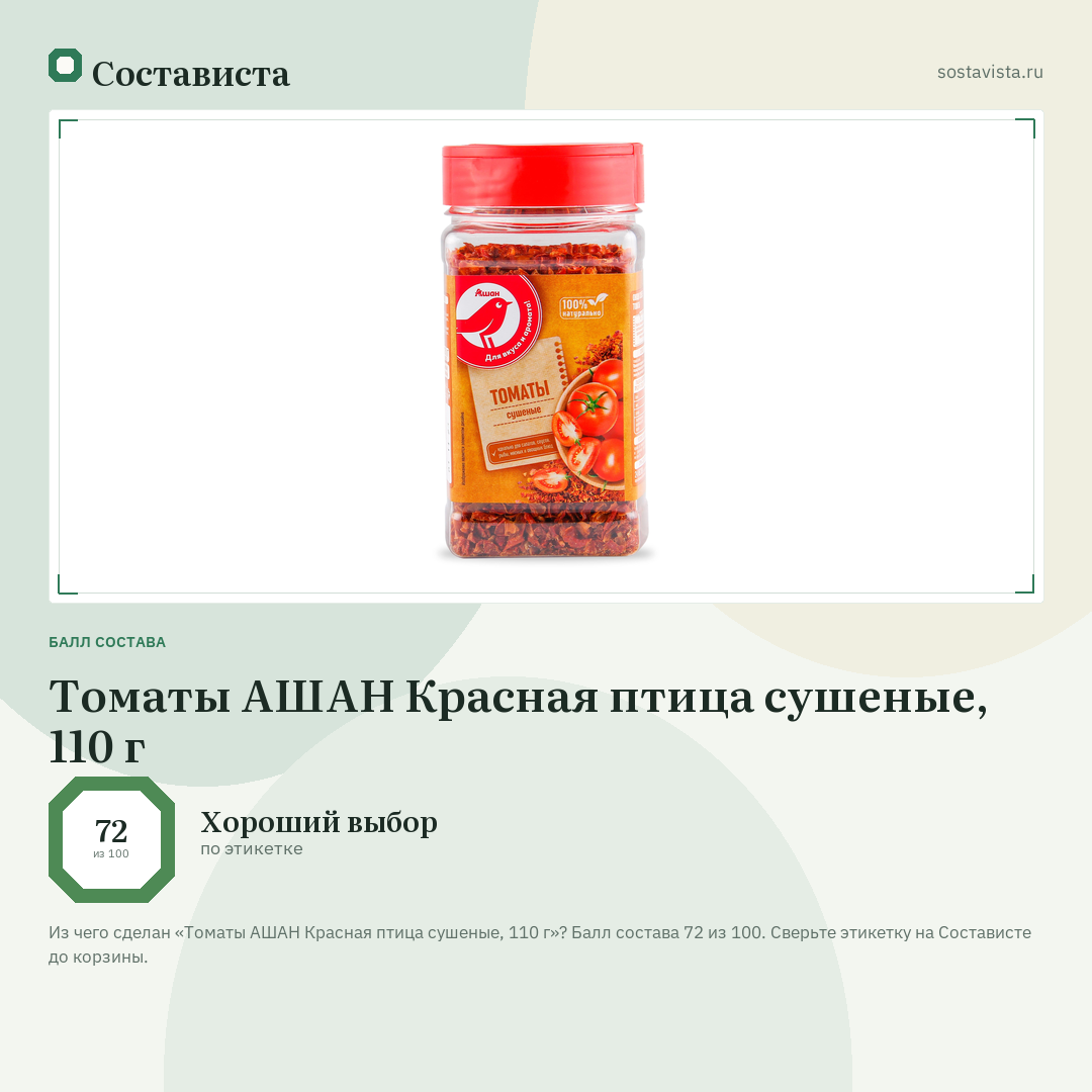 Томаты АШАН Красная птица сушеные, 110 г: балл состава 72 из 100 — Состависта