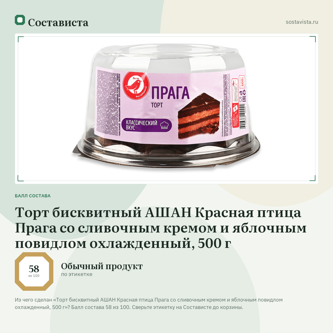 Торт бисквитный АШАН Красная птица Прага со сливочным кремом и яблочным повидлом охлажденный, 500 г: балл состава 58 из 100 — Состависта