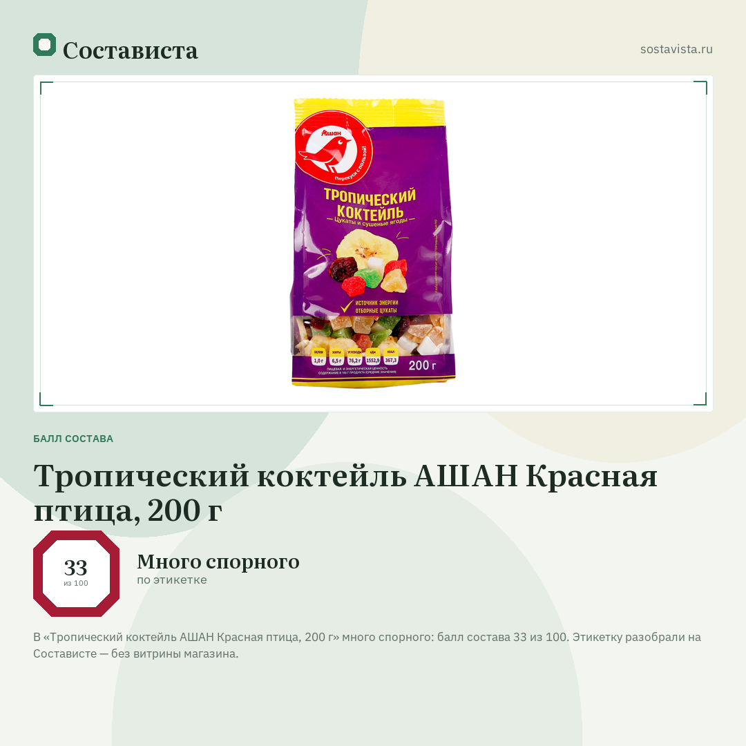 Тропический коктейль АШАН Красная птица, 200 г: балл состава 33 из 100 — Состависта