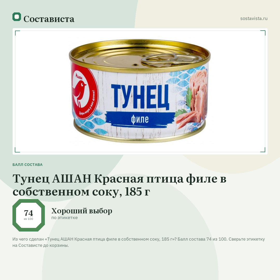 Тунец АШАН Красная птица филе в собственном соку, 185 г: балл состава 74 из 100 — Состависта