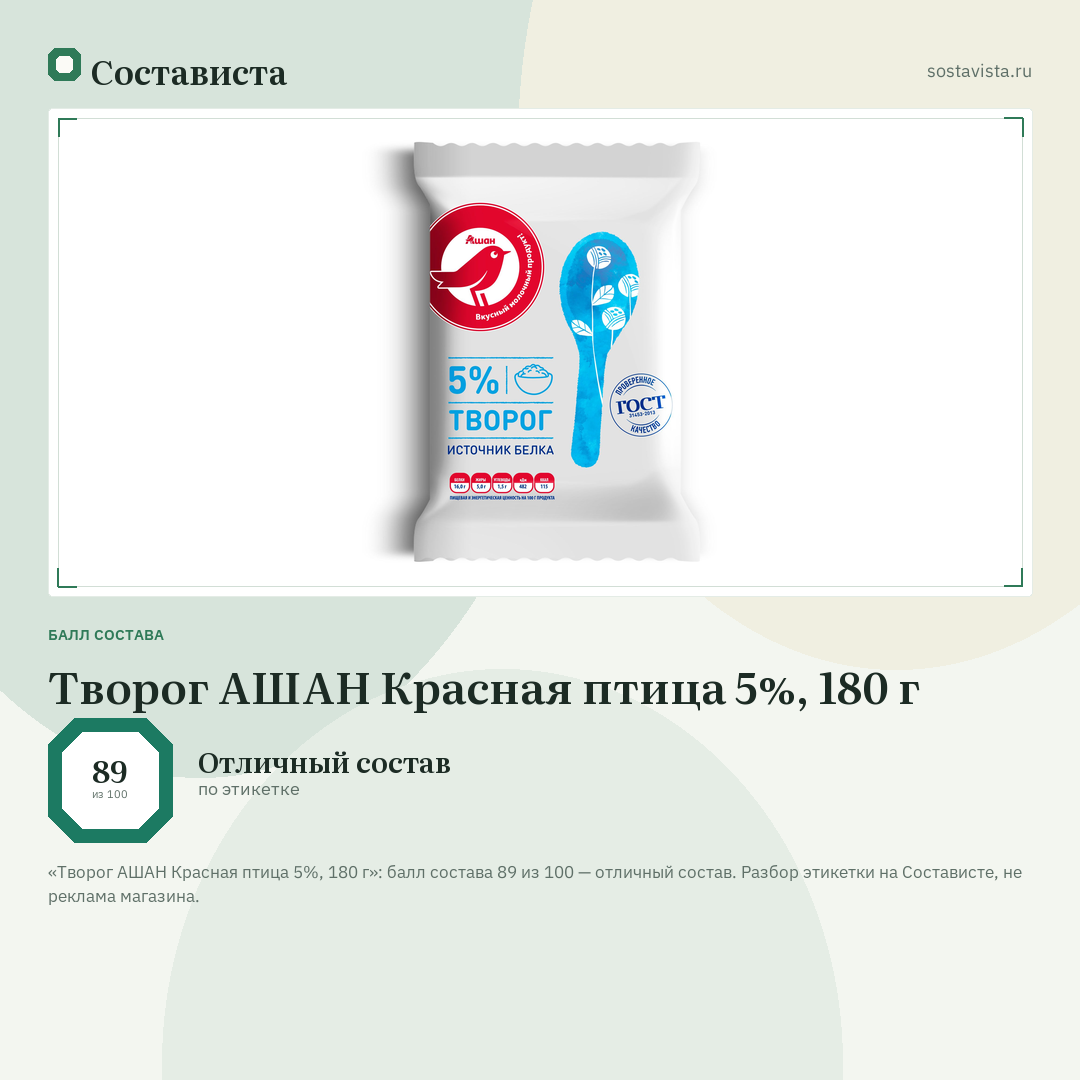 Творог АШАН Красная птица 5%, 180 г: балл состава 89 из 100 — Состависта