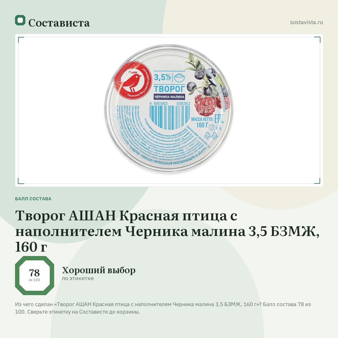 Творог АШАН Красная птица с наполнителем Черника малина 3,5 БЗМЖ, 160 г: балл состава 78 из 100 — Состависта