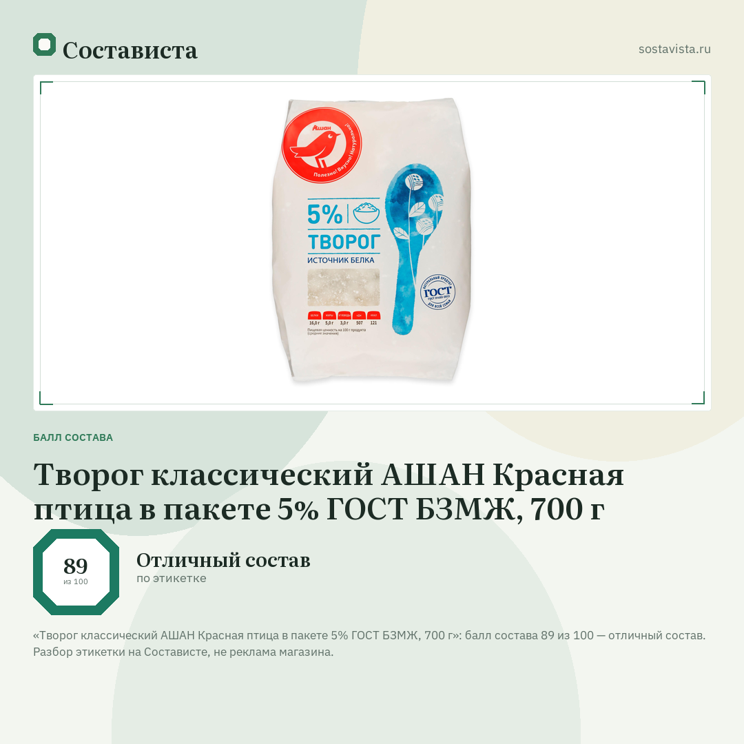 Творог классический АШАН Красная птица в пакете 5% ГОСТ БЗМЖ, 700 г: балл состава 89 из 100 — Состависта
