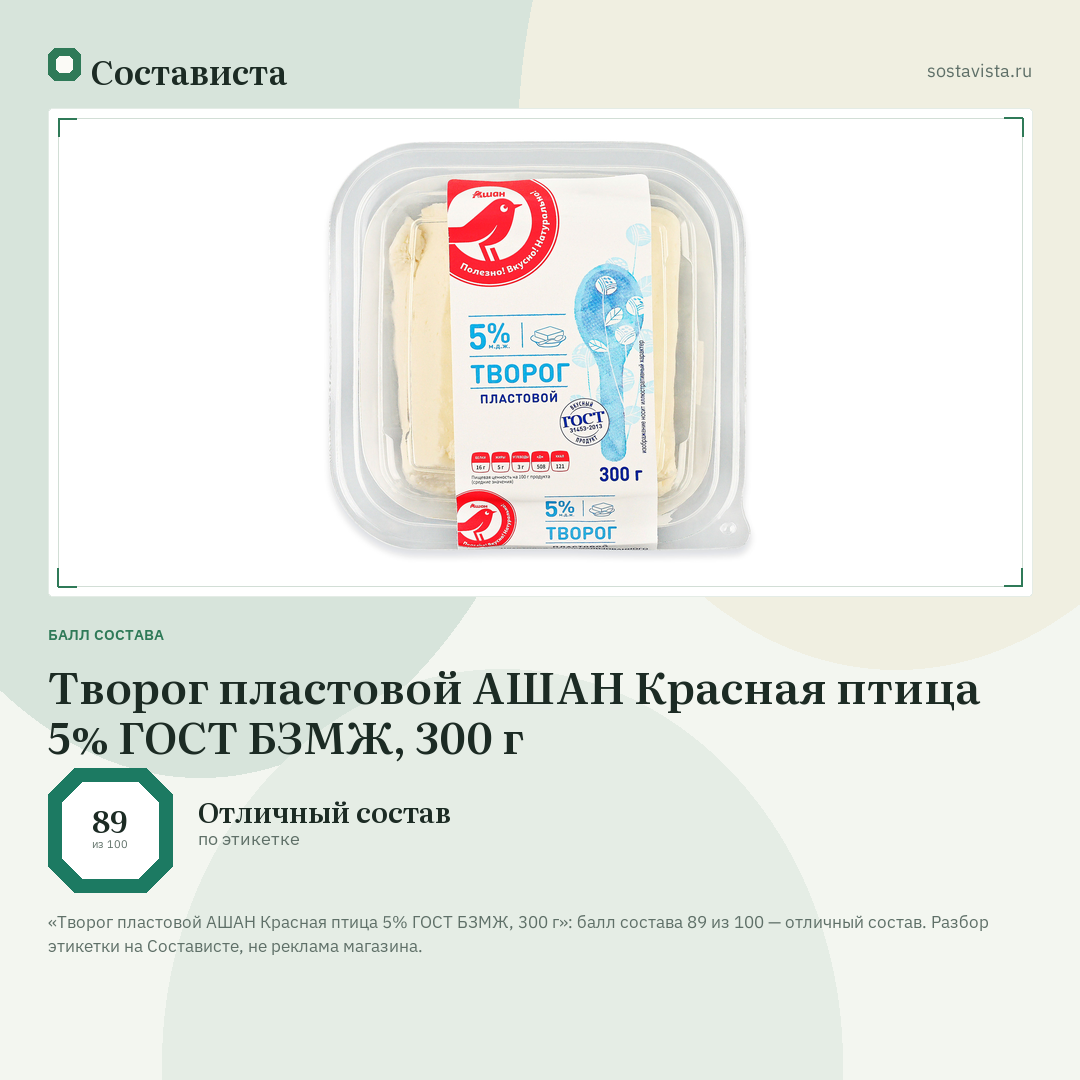 Творог пластовой АШАН Красная птица 5% ГОСТ БЗМЖ, 300 г: балл состава 89 из 100 — Состависта