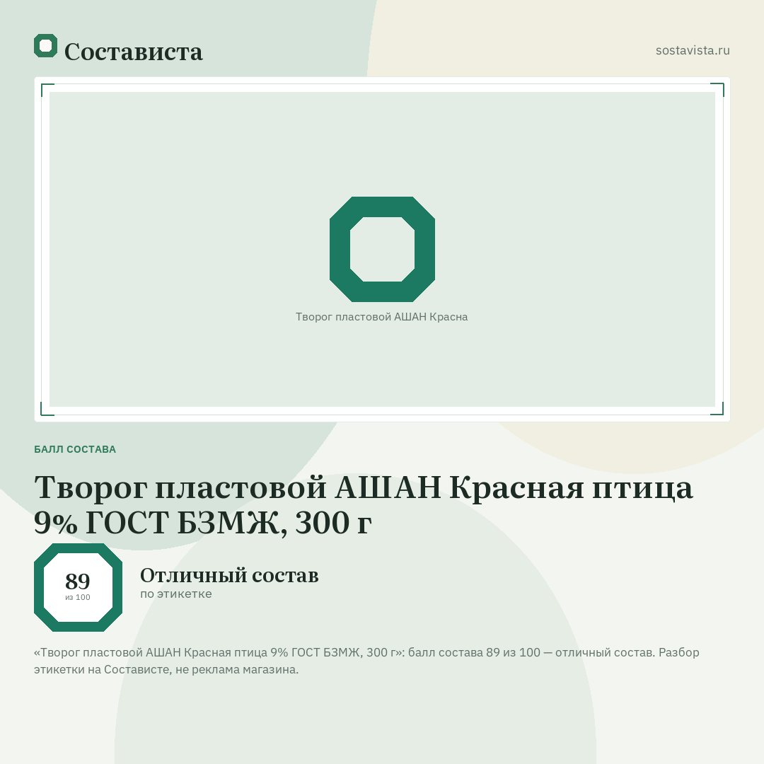 Творог пластовой АШАН Красная птица 9% ГОСТ БЗМЖ, 300 г: балл состава 89 из 100 — Состависта