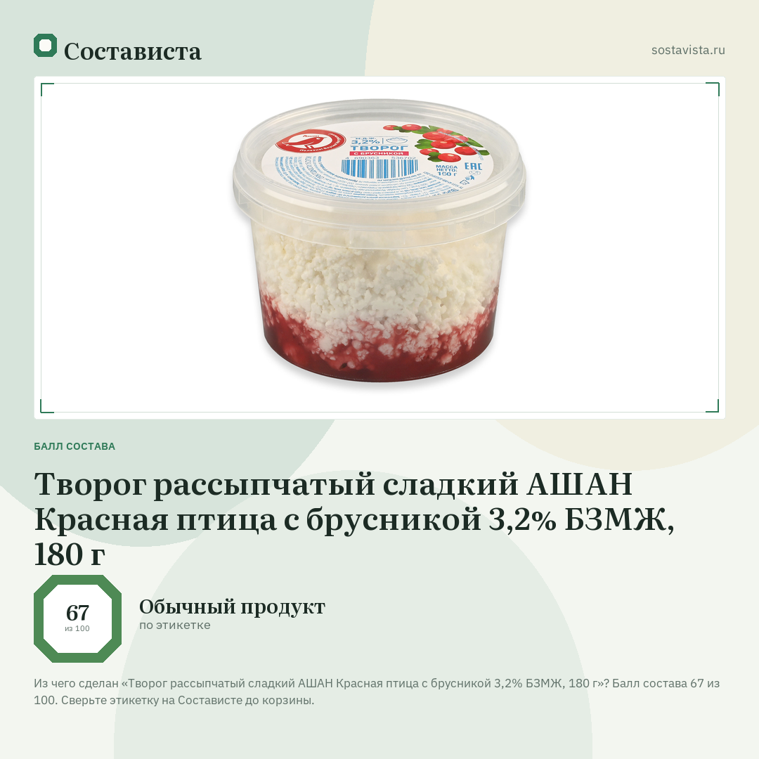 Творог рассыпчатый сладкий АШАН Красная птица с брусникой 3,2% БЗМЖ, 180 г: балл состава 67 из 100 — Состависта