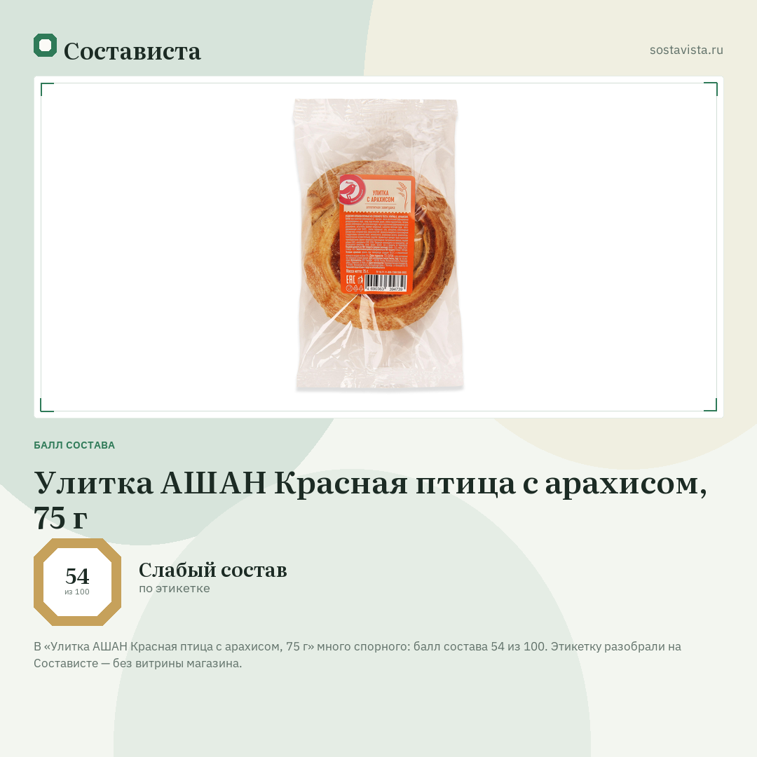 Улитка АШАН Красная птица с арахисом, 75 г: балл состава 54 из 100 — Состависта