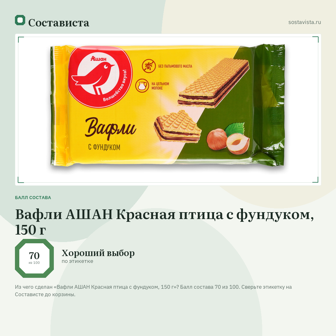 Вафли АШАН Красная птица с фундуком, 150 г: балл состава 70 из 100 — Состависта